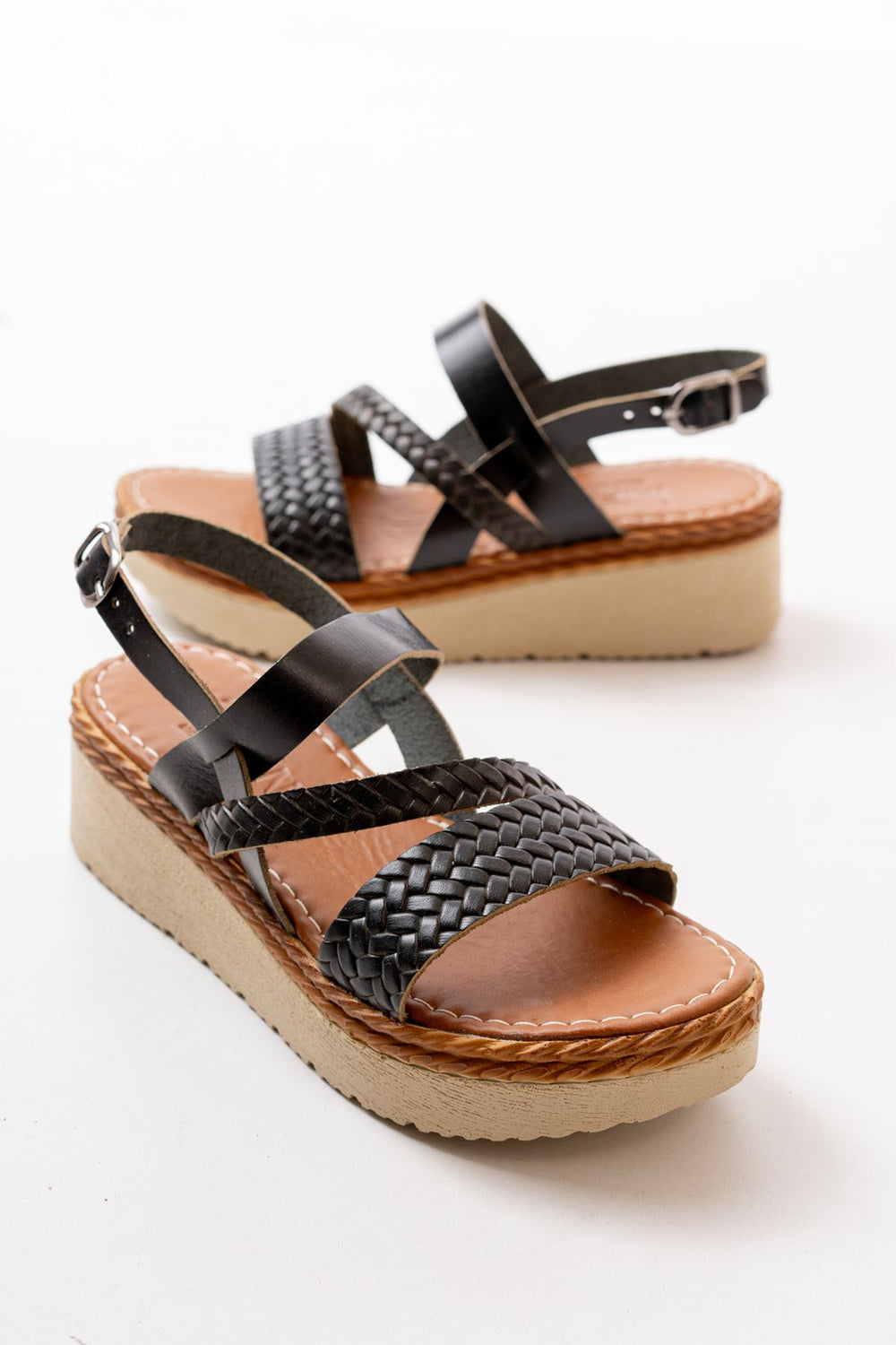 Heliona Hakiki Deri Siyah Kalın Taban Kadın Sandalet - ILOVESHOES