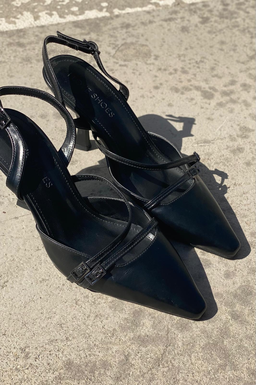 Telmor Mat Deri Bant Detaylı Yüksek Topuklu Stiletto Siyah - ILOVESHOES