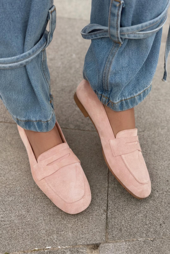 Melniel Hakiki Süet Kadın Loafer Pudra - ILOVESHOES