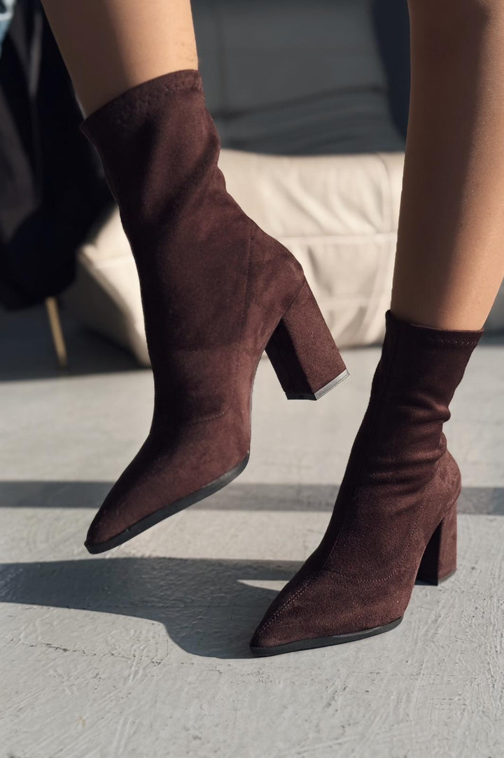 Ardews Süet Topuklu Çorap Bot Acı Kahve - ILOVESHOES