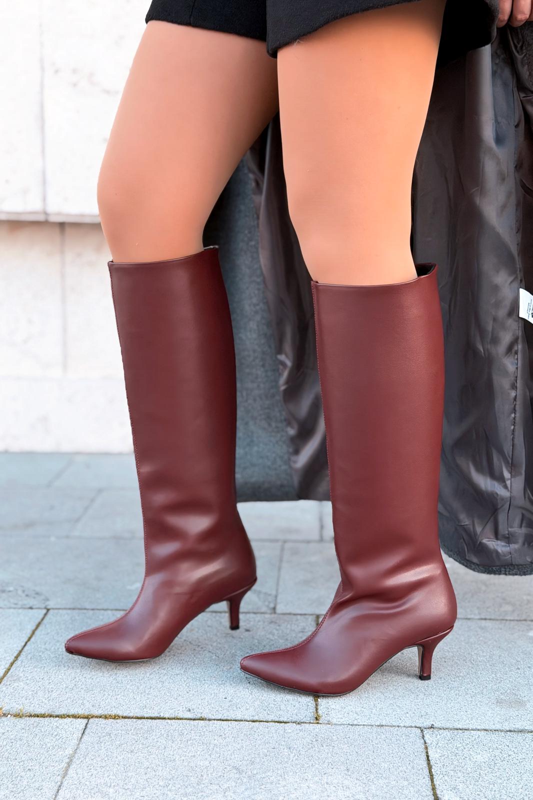 Celmira Kadın Topuklu Çizme Bordo Mat Deri - ILOVESHOES