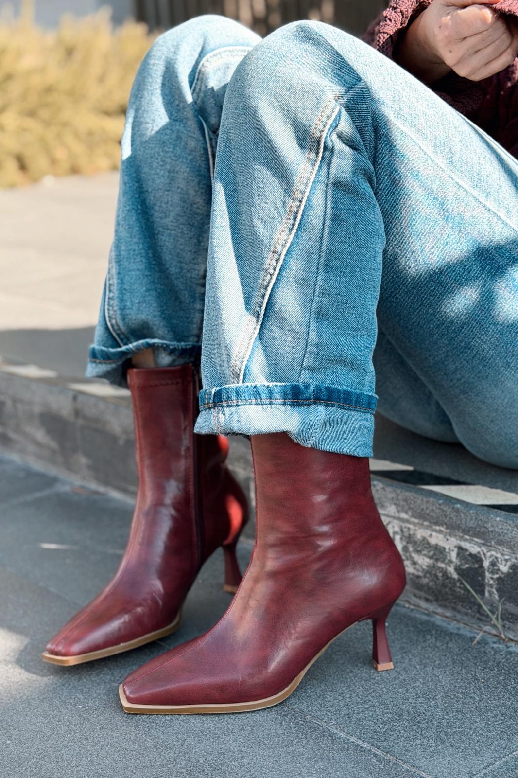 Alderie Kadın Topuklu Bot Bordo Mat Deri - ILOVESHOES