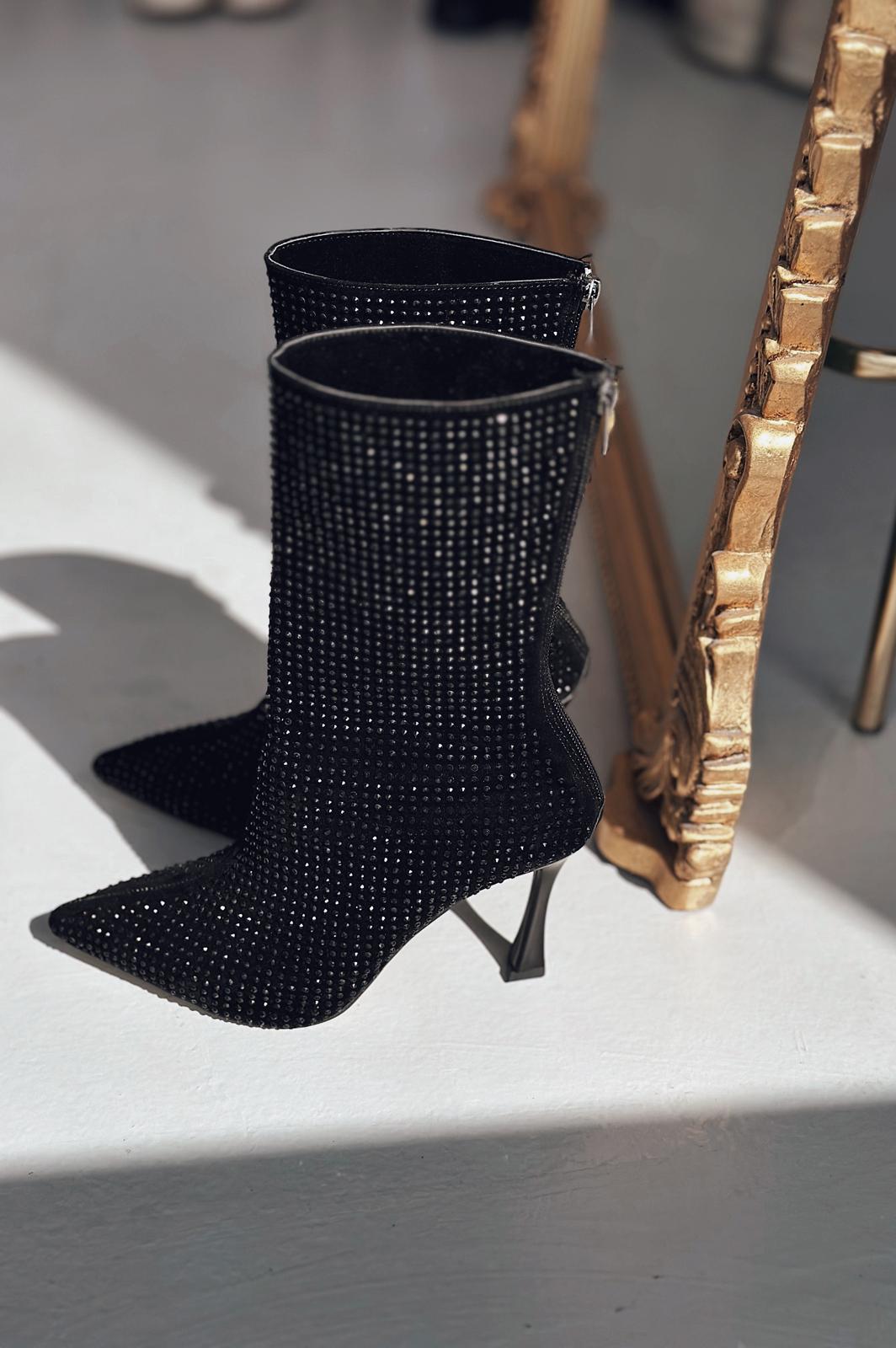 Simley Topuklu Kadın Çizme Siyah Siyah Gri Taşlı - ILOVESHOES
