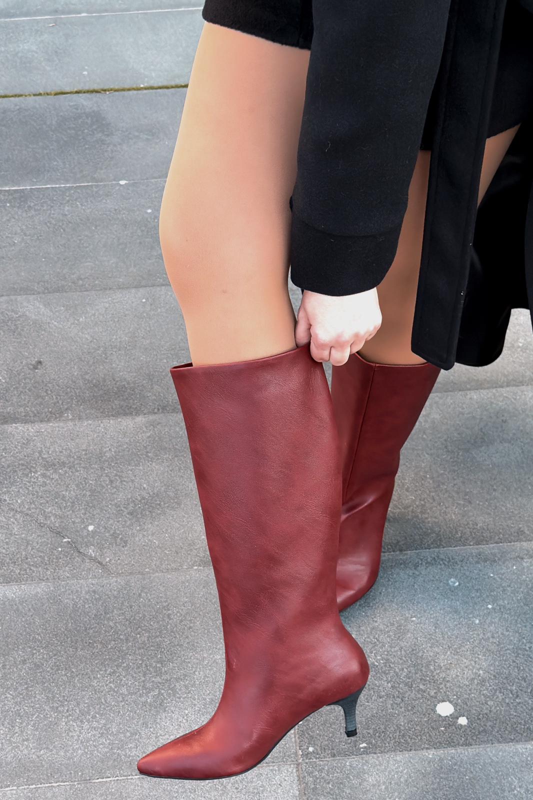 Remni Kadın Topuklu Çizme Bordo Mat Deri - ILOVESHOES