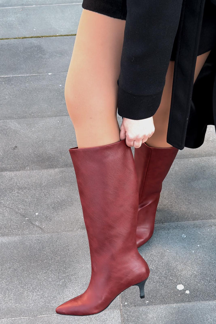 Remni Kadın Topuklu Çizme Bordo Mat Deri - ILOVESHOES