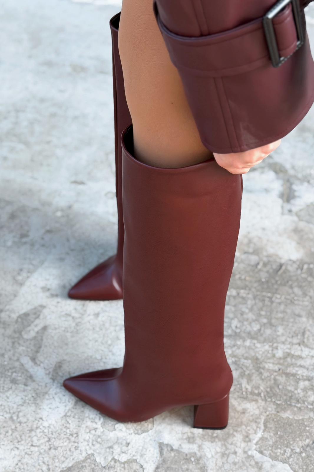Jarlene Kadın Topuklu Çizme Bordo Mat Deri - ILOVESHOES