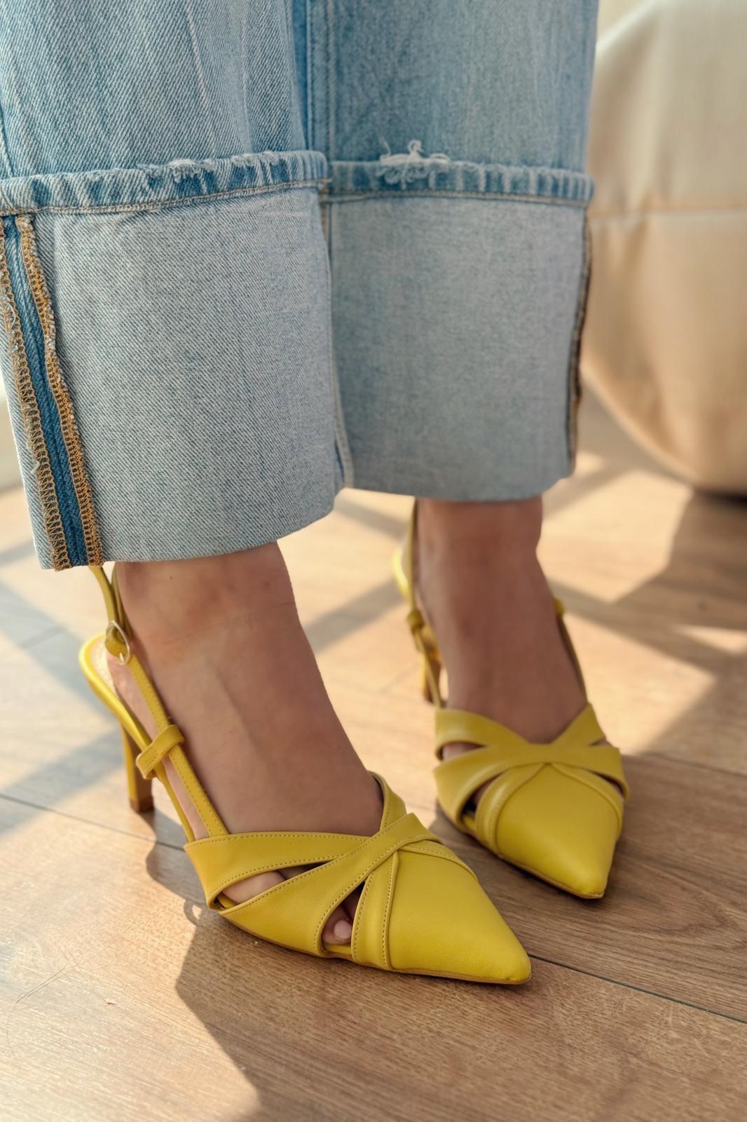 Peraps Mat Deri Yüksek Topuklu Stiletto Sarı - ILOVESHOES