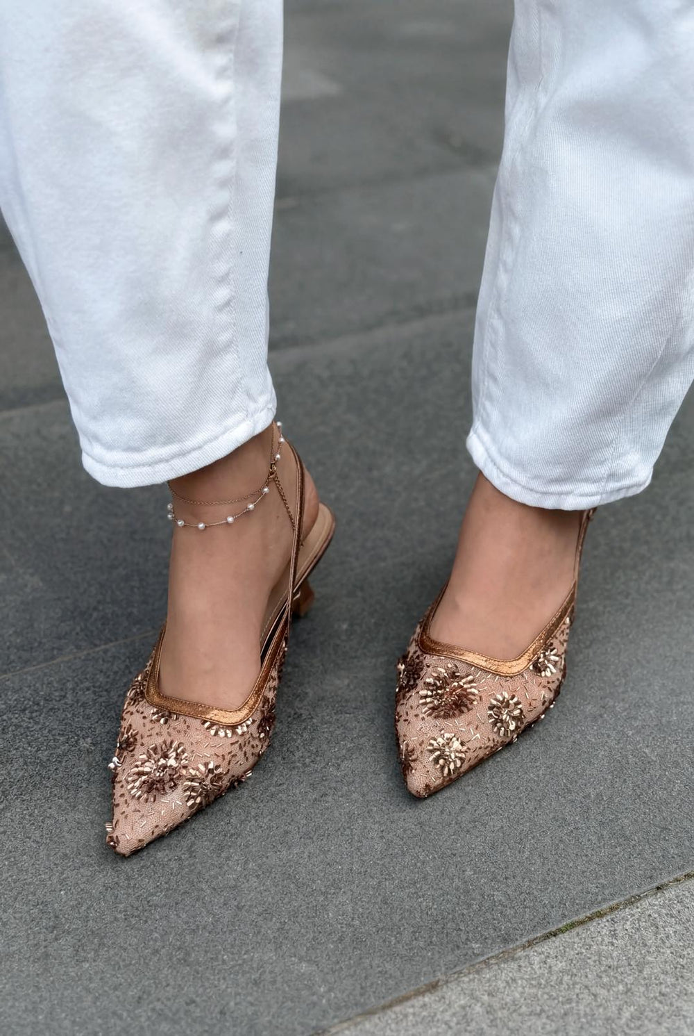 Serona Stiletto Bronz Nakışlı - ILOVESHOES