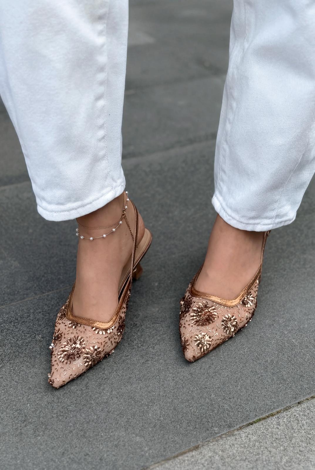 Serona Stiletto Bronz Nakışlı - ILOVESHOES