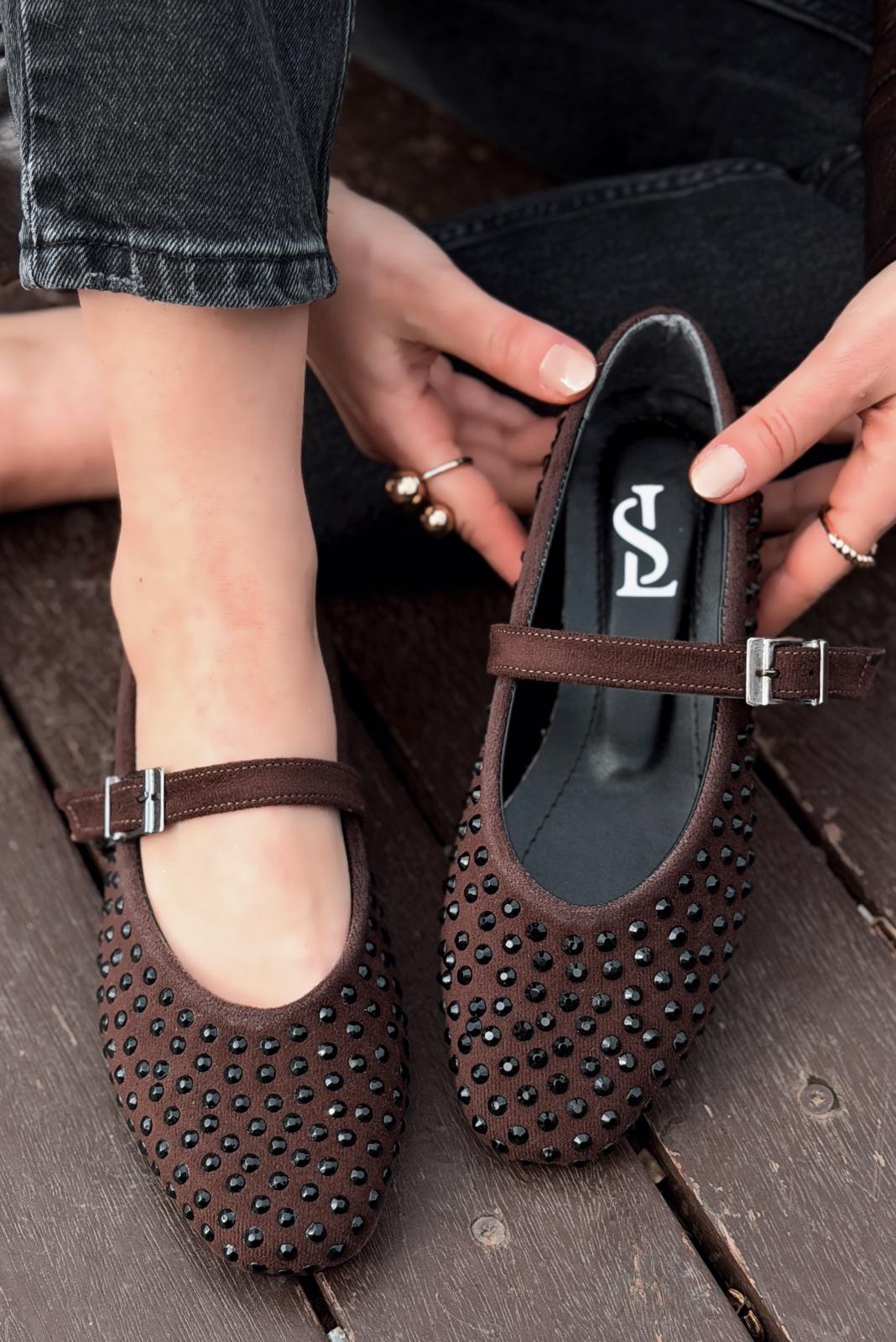 Orion Kadın Babet Acıkahve Süet Taş Detaylı - ILOVESHOES