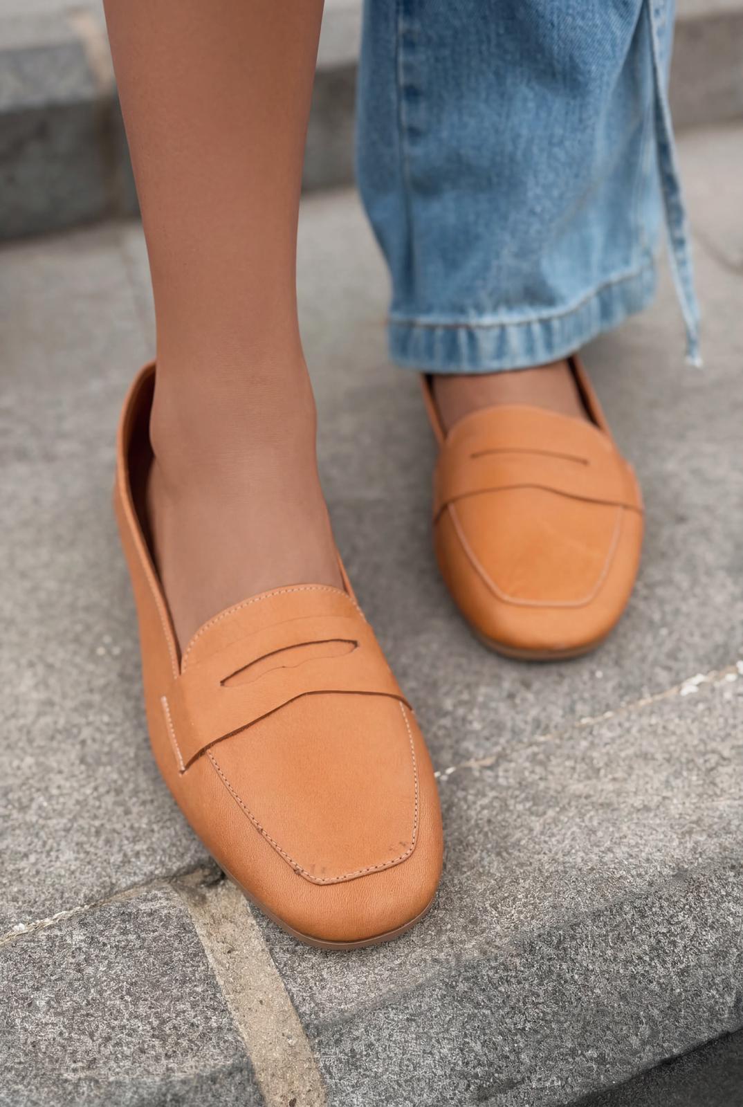 Melniel Hakiki Deri Kadın Loafer Turuncu - ILOVESHOES