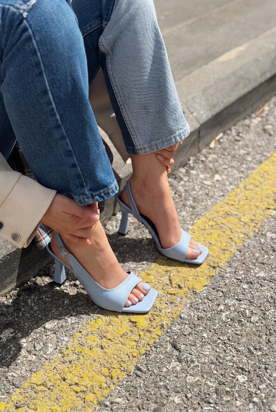 Solvion Topuklu Sandalet Mavi Mat Deri - ILOVESHOES