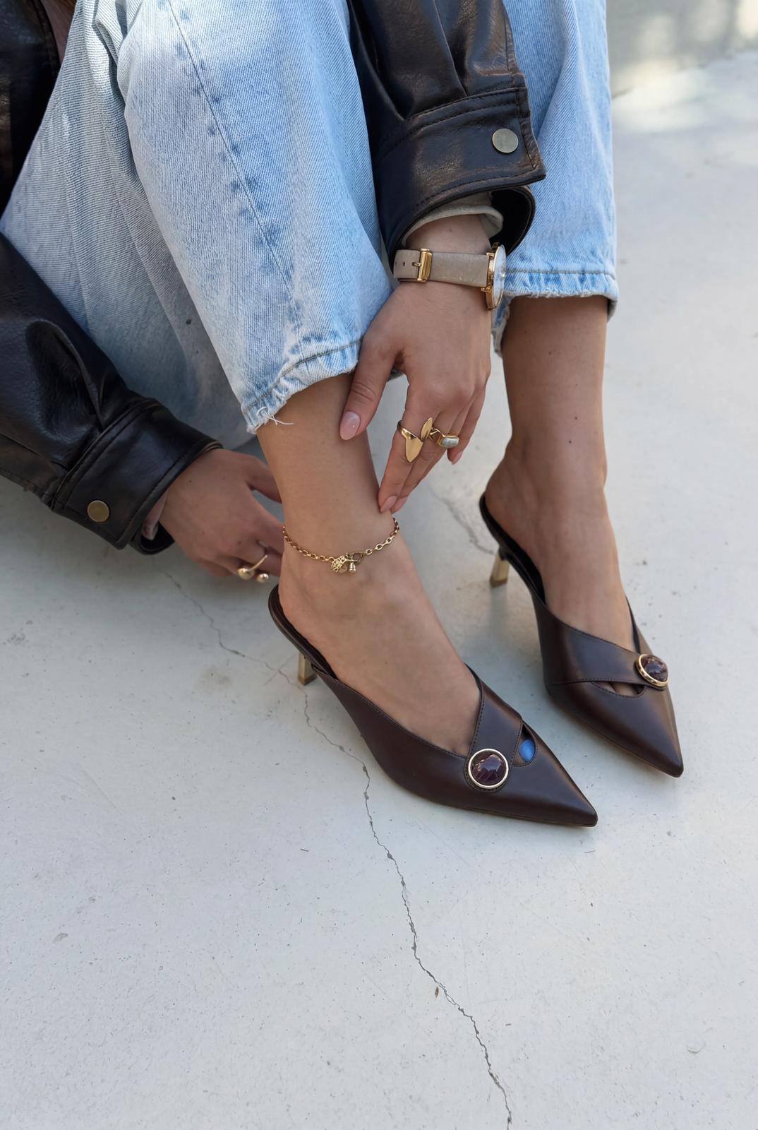 Delvor Topuklu Terlik Acıkahve Mat Deri - ILOVESHOES