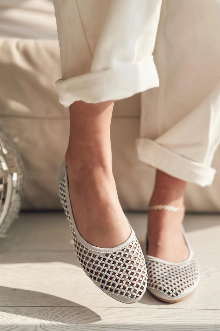 Ronetta Satin Stone Detailed Ballerinas Silver