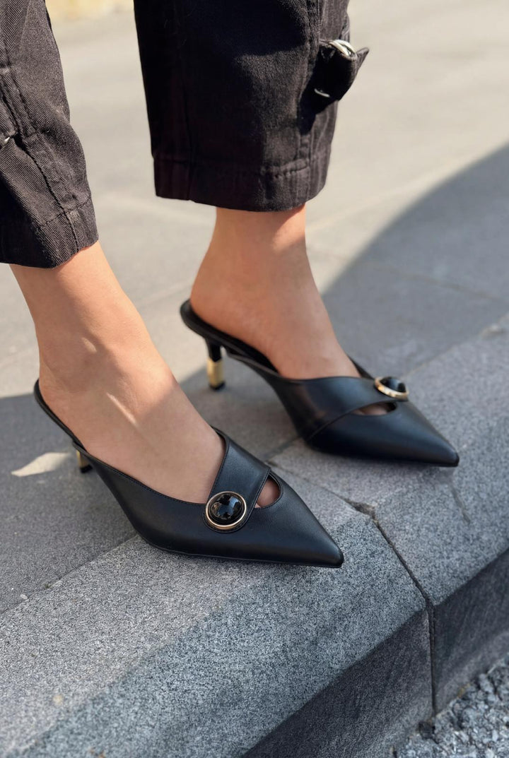 Delvor Topuklu Terlik Siyah Mat Deri - ILOVESHOES