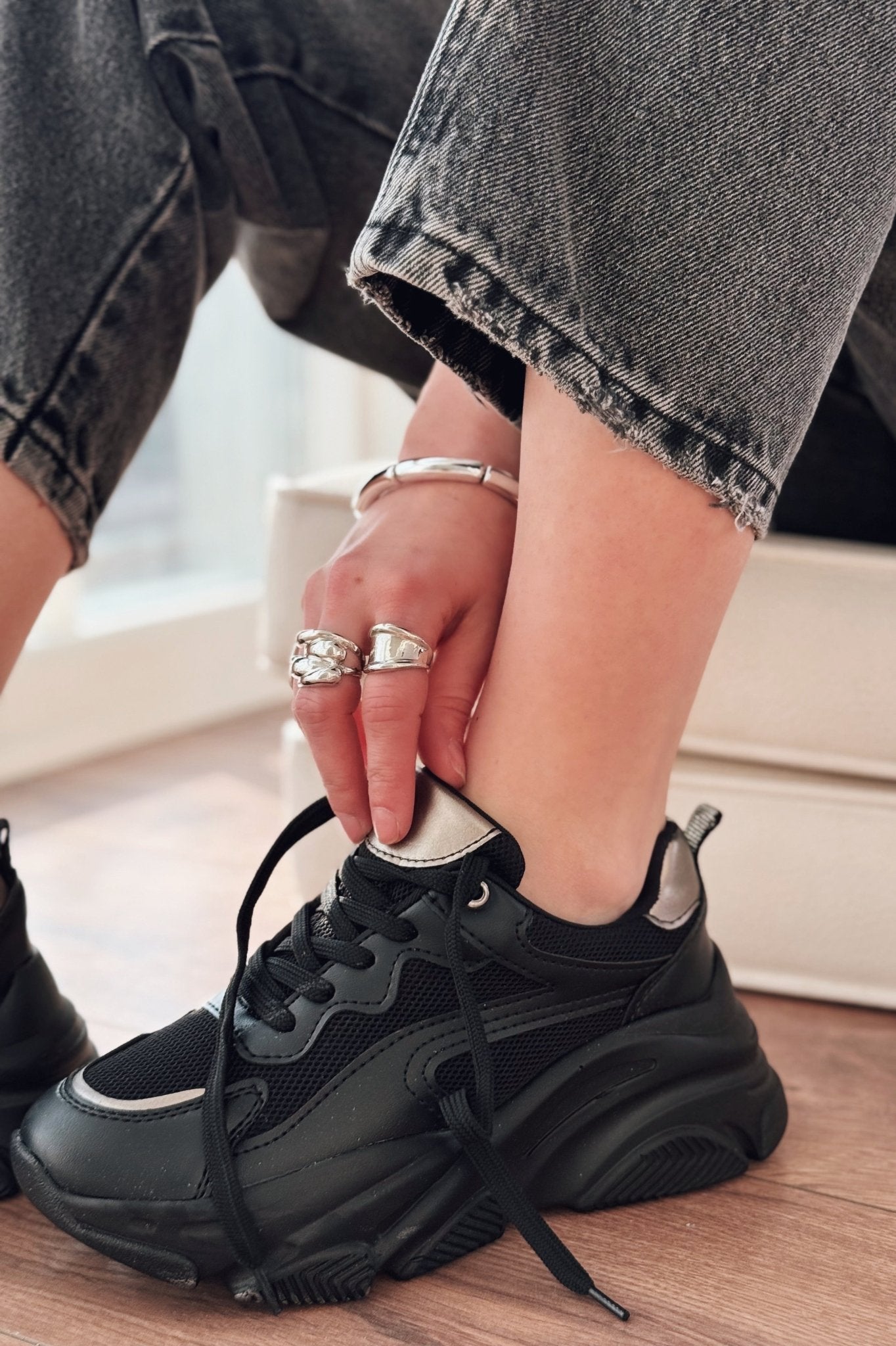 Valenna Platin Bağcıklı Fileli Kadın Spor Ayakkabı - ILOVESHOES