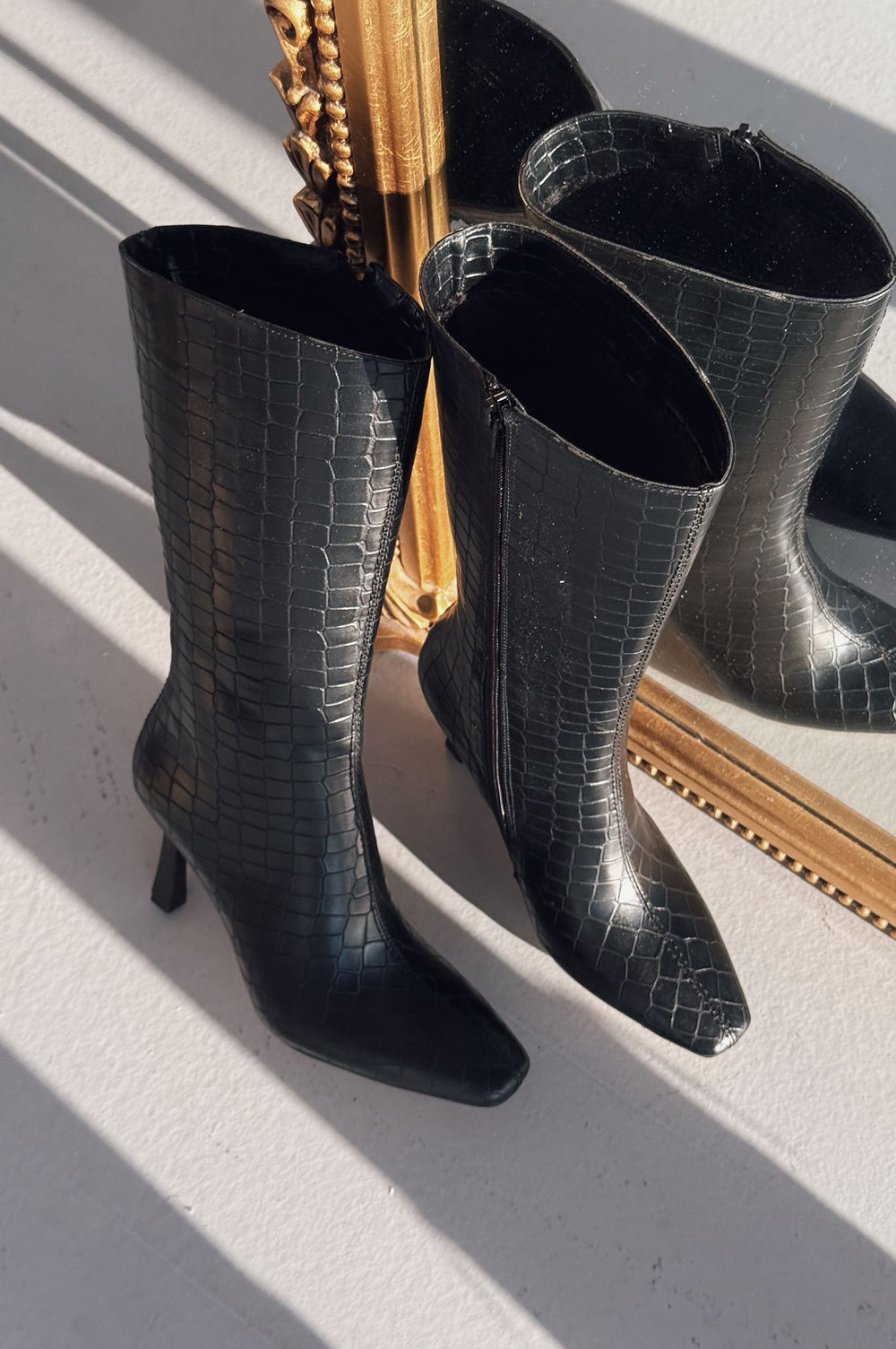 Jorani Mat Deri Desenli Siyah Yüksek Topuklu Çizme - ILOVESHOES