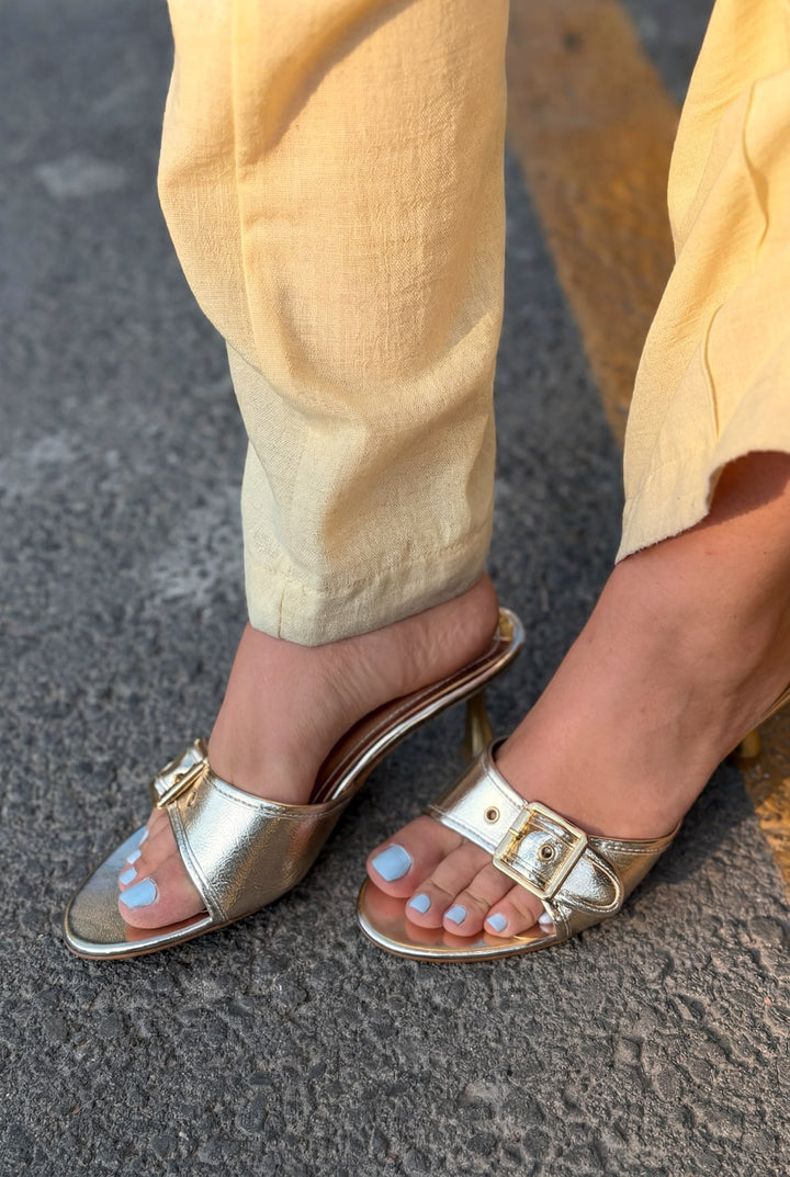 Lerona Gold Perlak Deri Kadın Topuklu Terlik - ILOVESHOES