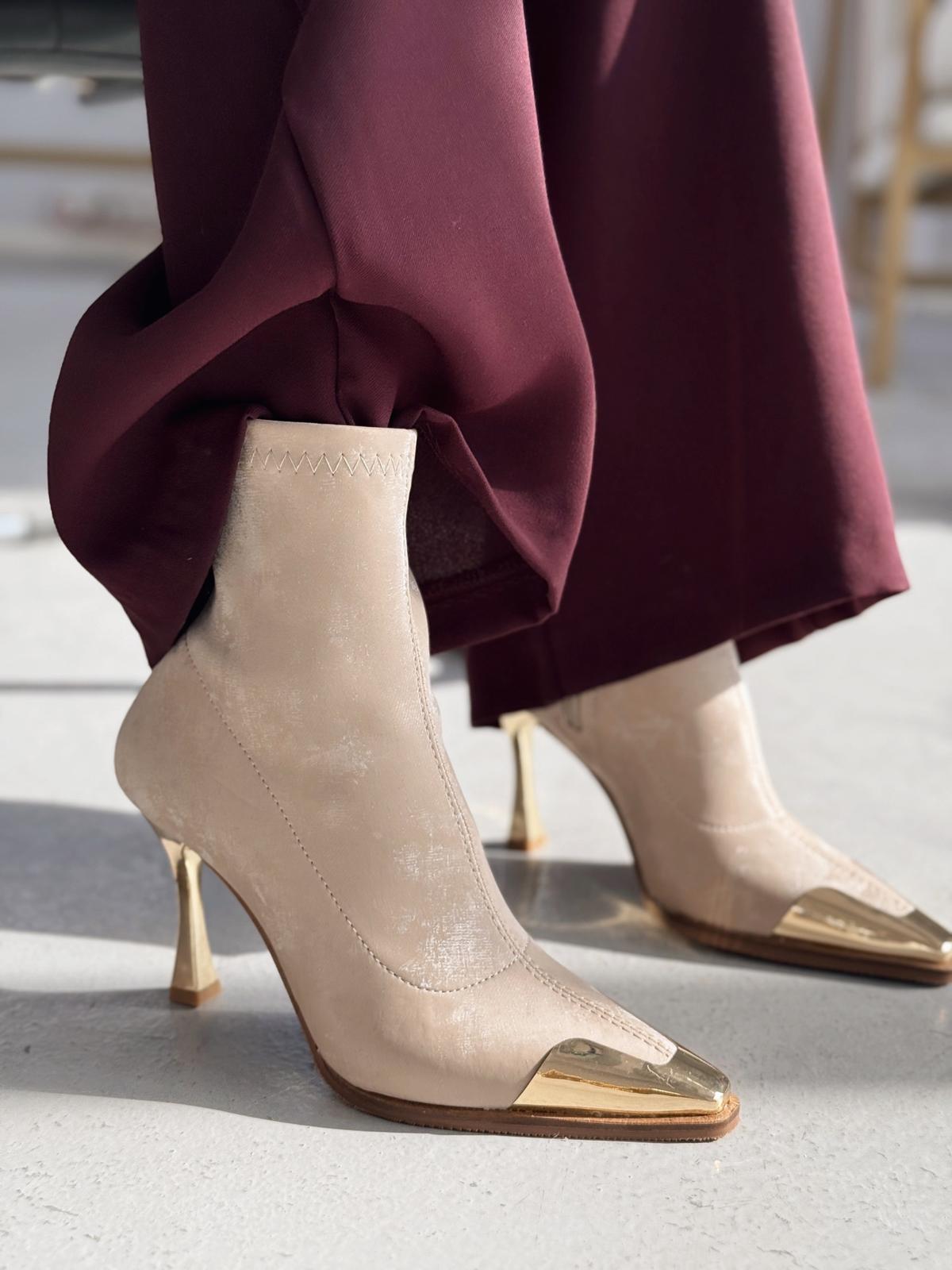Rosavi Kadın Topuklu Streç Bot Bej Nubuk - ILOVESHOES