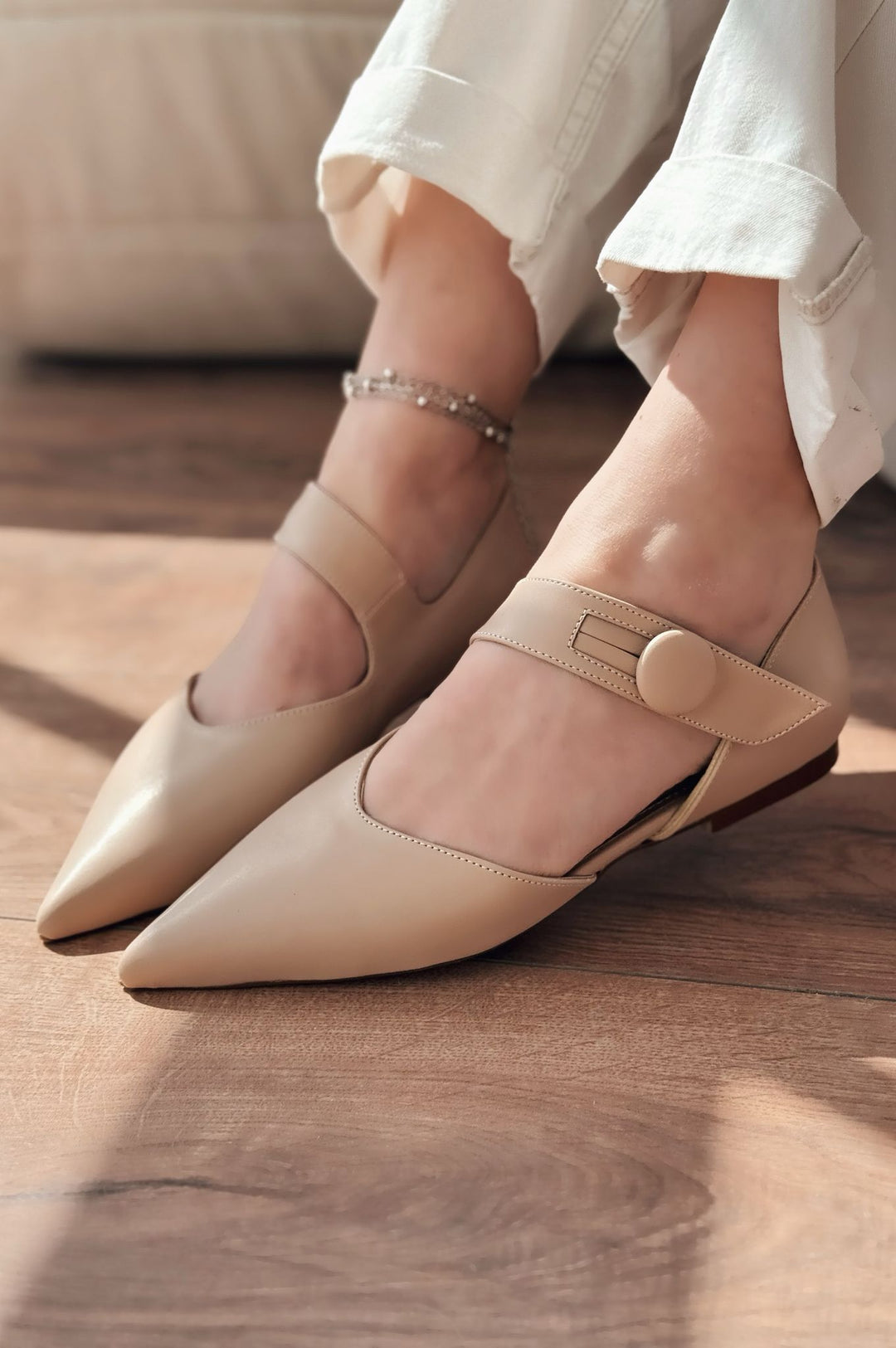 Peronsa Mat Deri Nude Düğme Detaylı Babet - ILOVESHOES