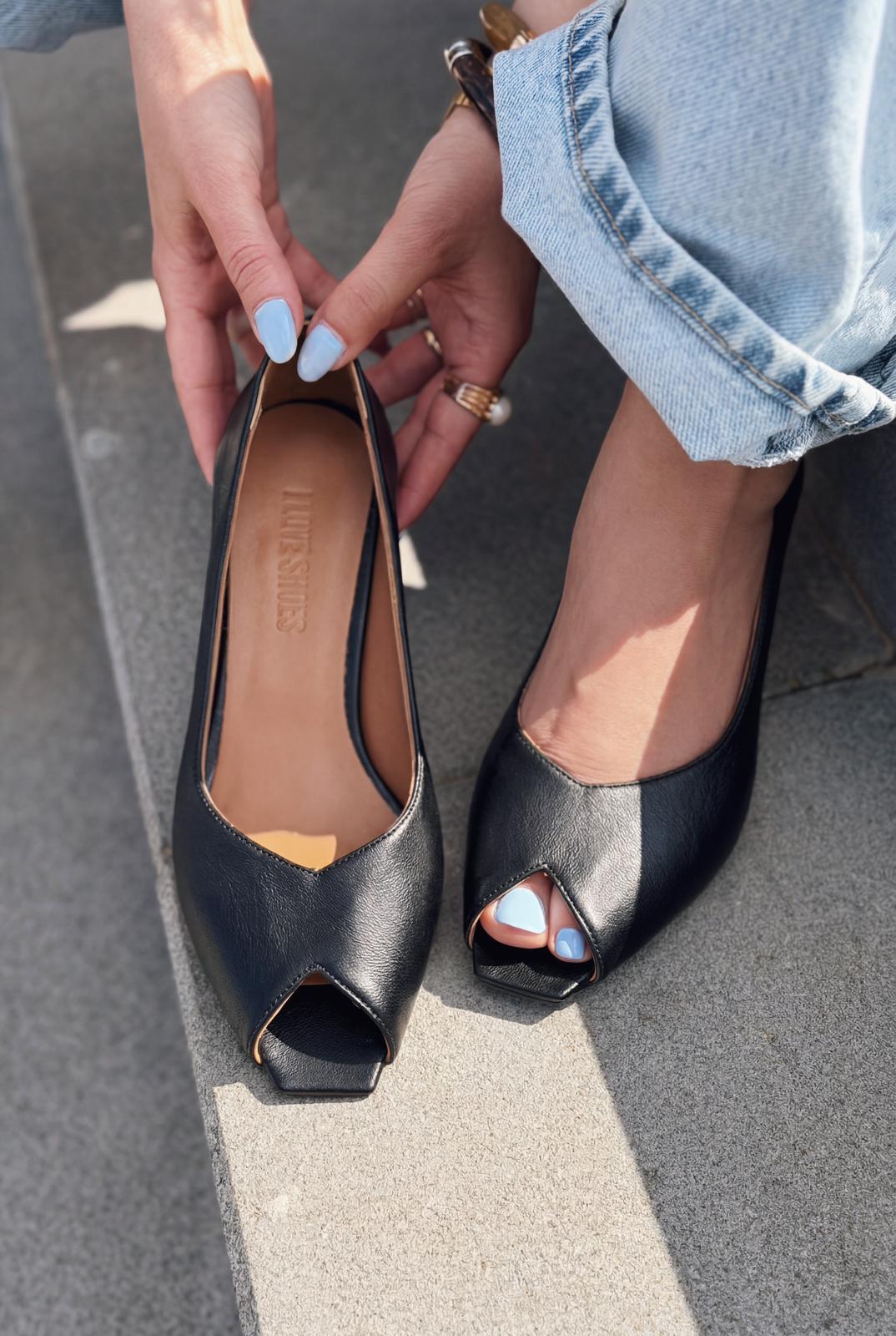 Norvion Hakiki Deri Siyah Mat Deri Kadın Topuklu Ayakkabı - ILOVESHOES