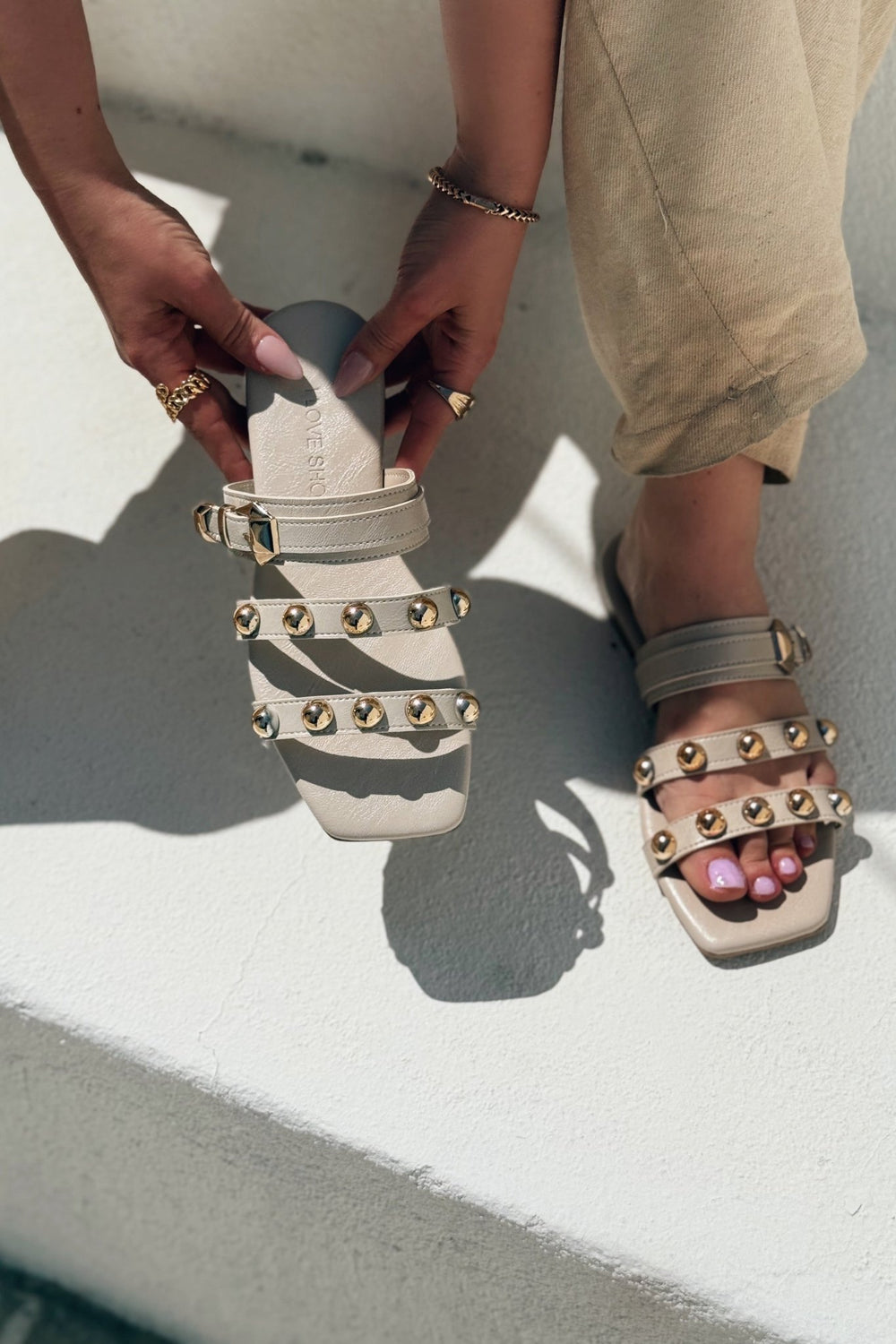 Dawist Mat Deri Bej Troklu Düz Kadın Terlik - ILOVESHOES