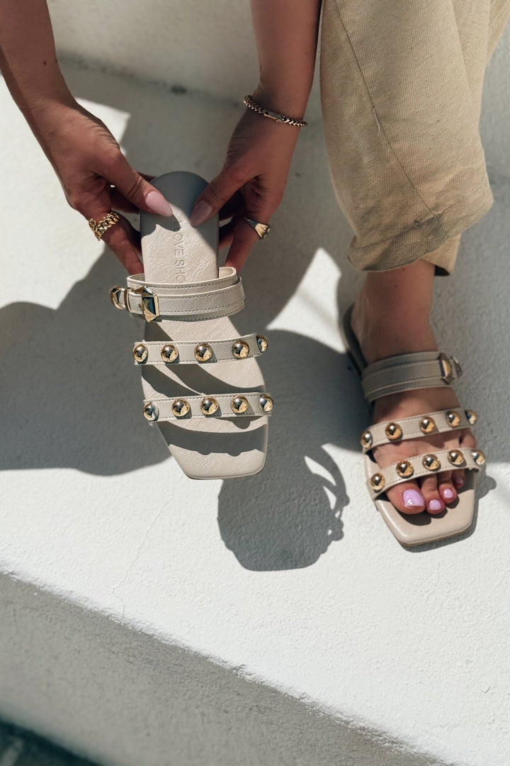 Dawist Mat Deri Bej Troklu Düz Kadın Terlik - ILOVESHOES