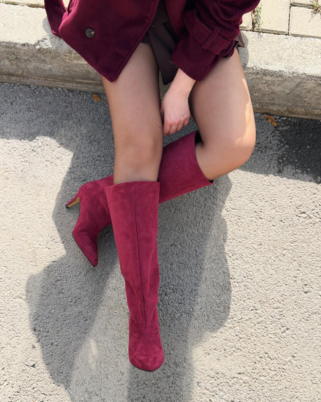 Gwen Kadın Topuklu Çizme Bordo Süet - ILOVESHOES