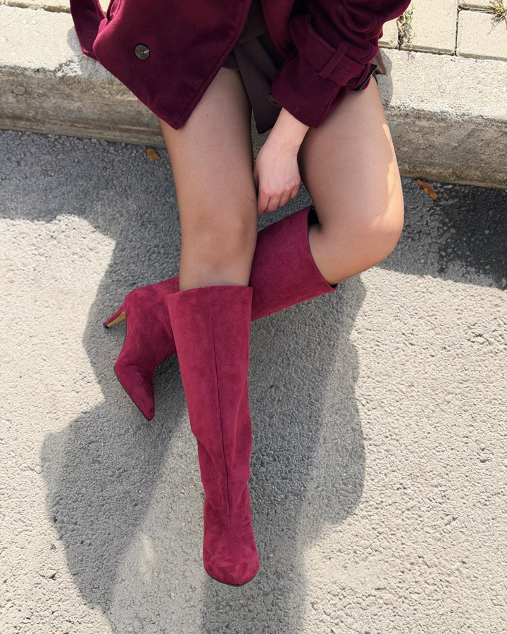 Gwen Kadın Topuklu Çizme Bordo Süet - ILOVESHOES