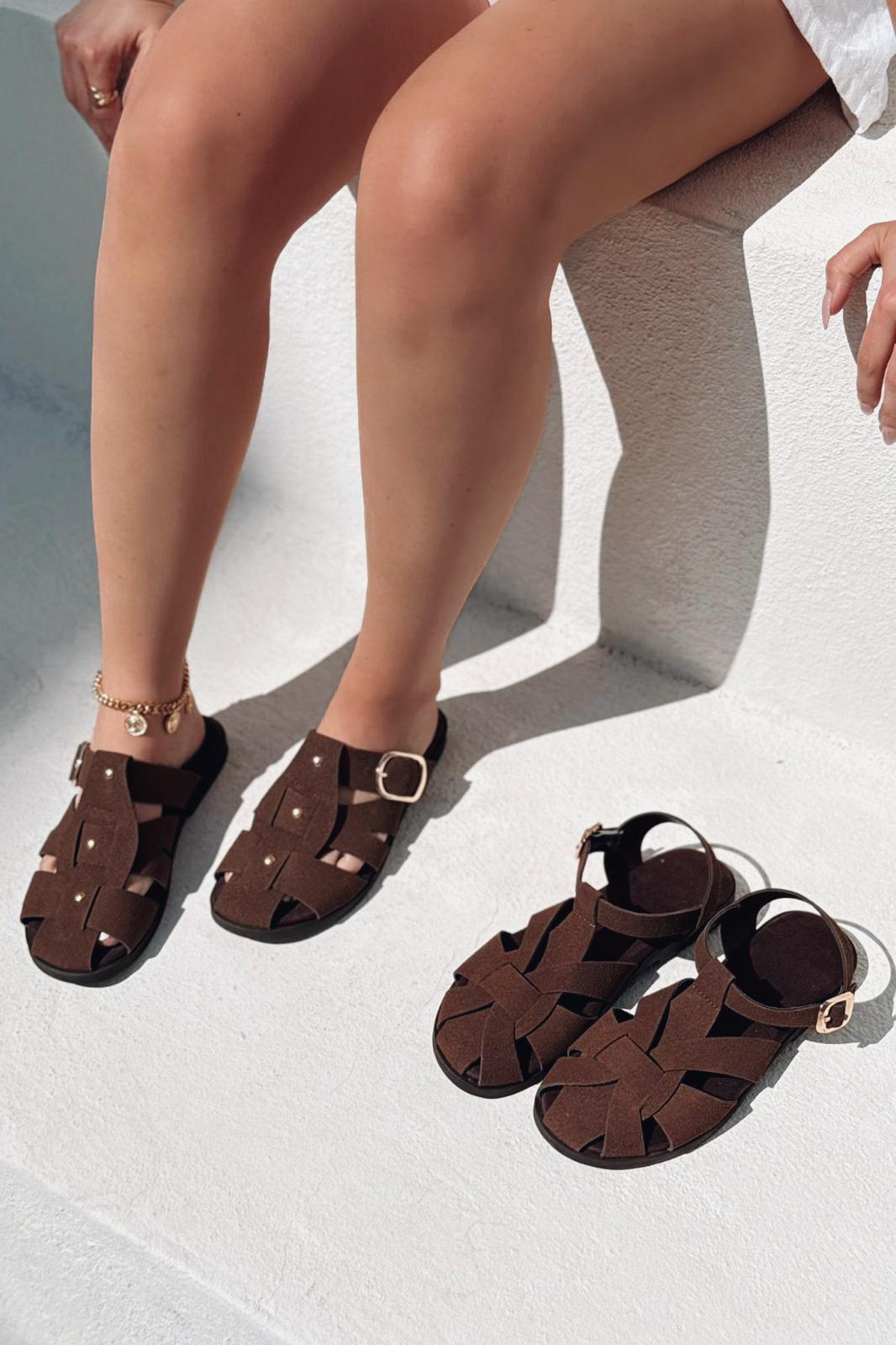 Valen Süet Acıkahve Düz Kadın Sandalet - ILOVESHOES