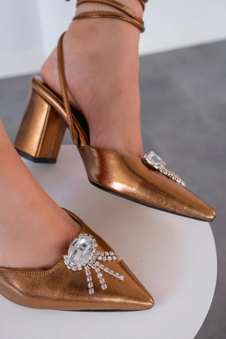 Teldina Parlak Saten Deri Yüksek Topuklu Stiletto Bronz