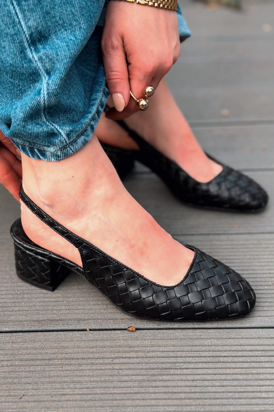 Solen Mary jane Topuklu Ayakkabı Siyah Mat Deri Örgü Detaylı - ILOVESHOES