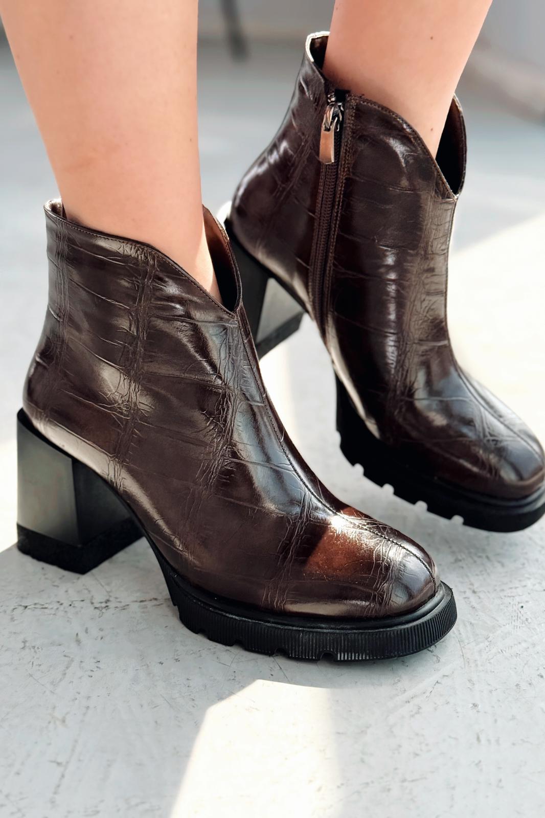 Rancel Kadın Topuklu Bot Acıkahve Parlak Deri - ILOVESHOES