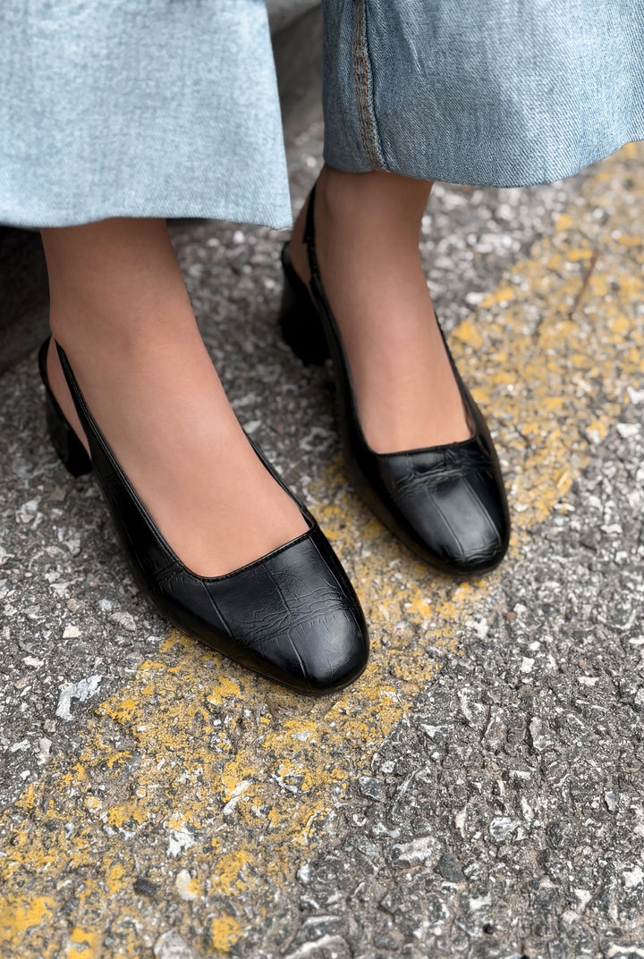 Solen Mary jane Topuklu Ayakkabı Siyah Mat Deri Desenli - ILOVESHOES