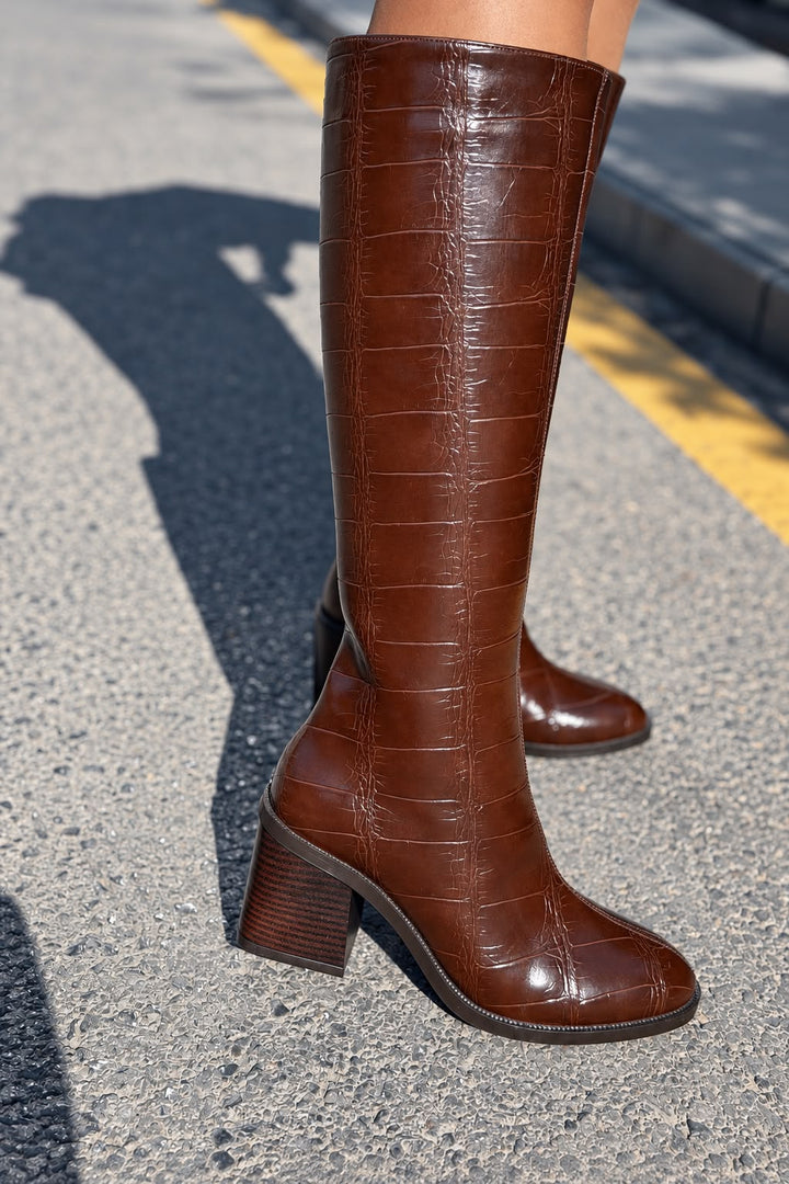Novera Acı Kahve Kroko Mat Deri Kadın Çizme - ILOVESHOES