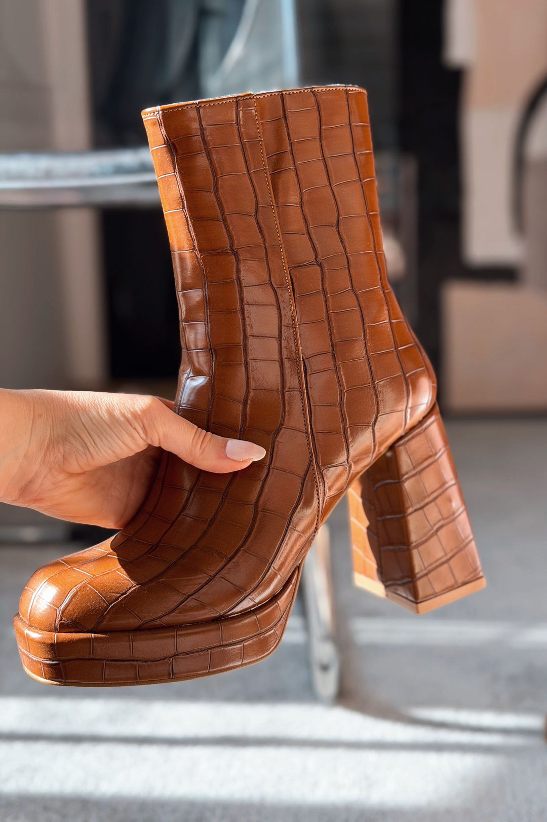 Rivoks Mat Deri Desenli Platform Topuklu Bot Taba - ILOVESHOES