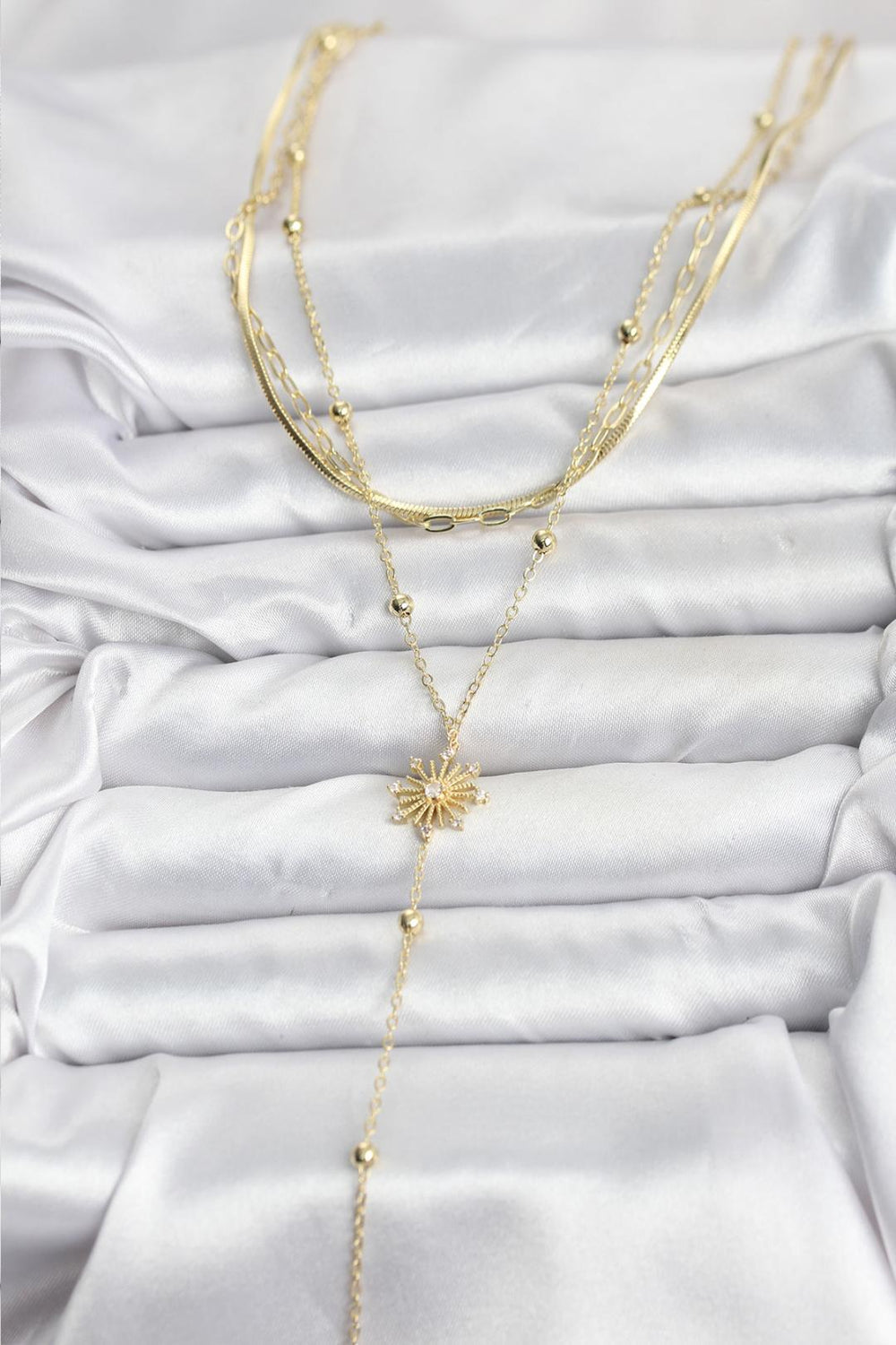 ILS - 1054 Kadın Kolye Gold Pirinç 3'lü Kombin Zirkon Taşlı - ILOVESHOES