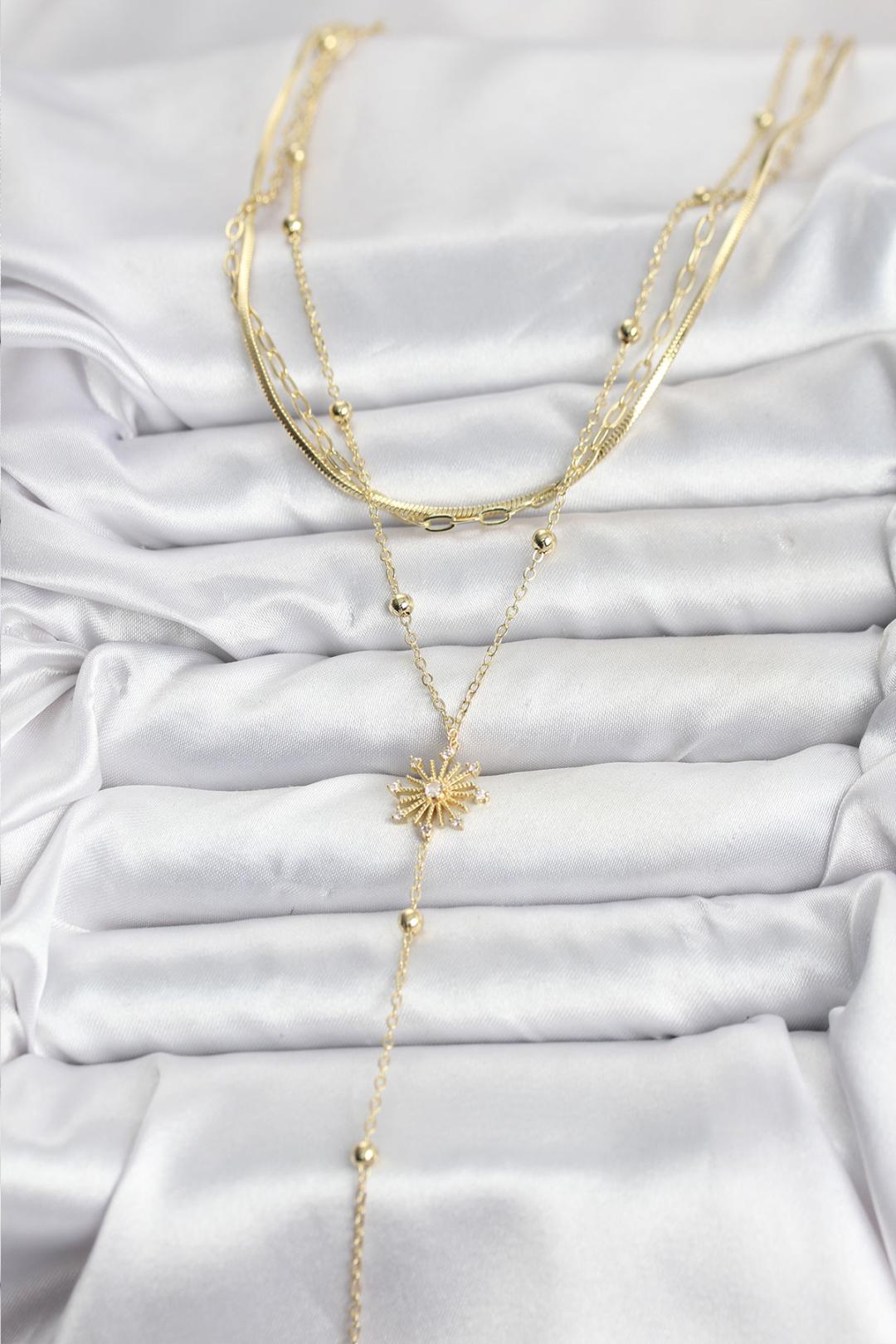 ILS - 1054 Kadın Kolye Gold Pirinç 3'lü Kombin Zirkon Taşlı - ILOVESHOES