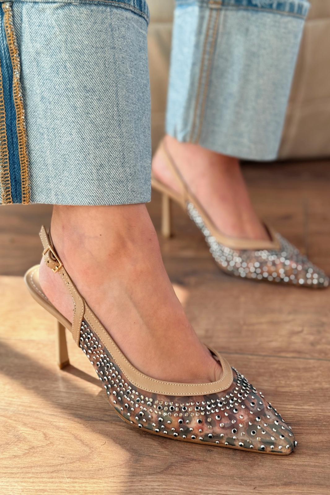 Clarwon Tül Taş Detaylı Stiletto Bej - ILOVESHOES