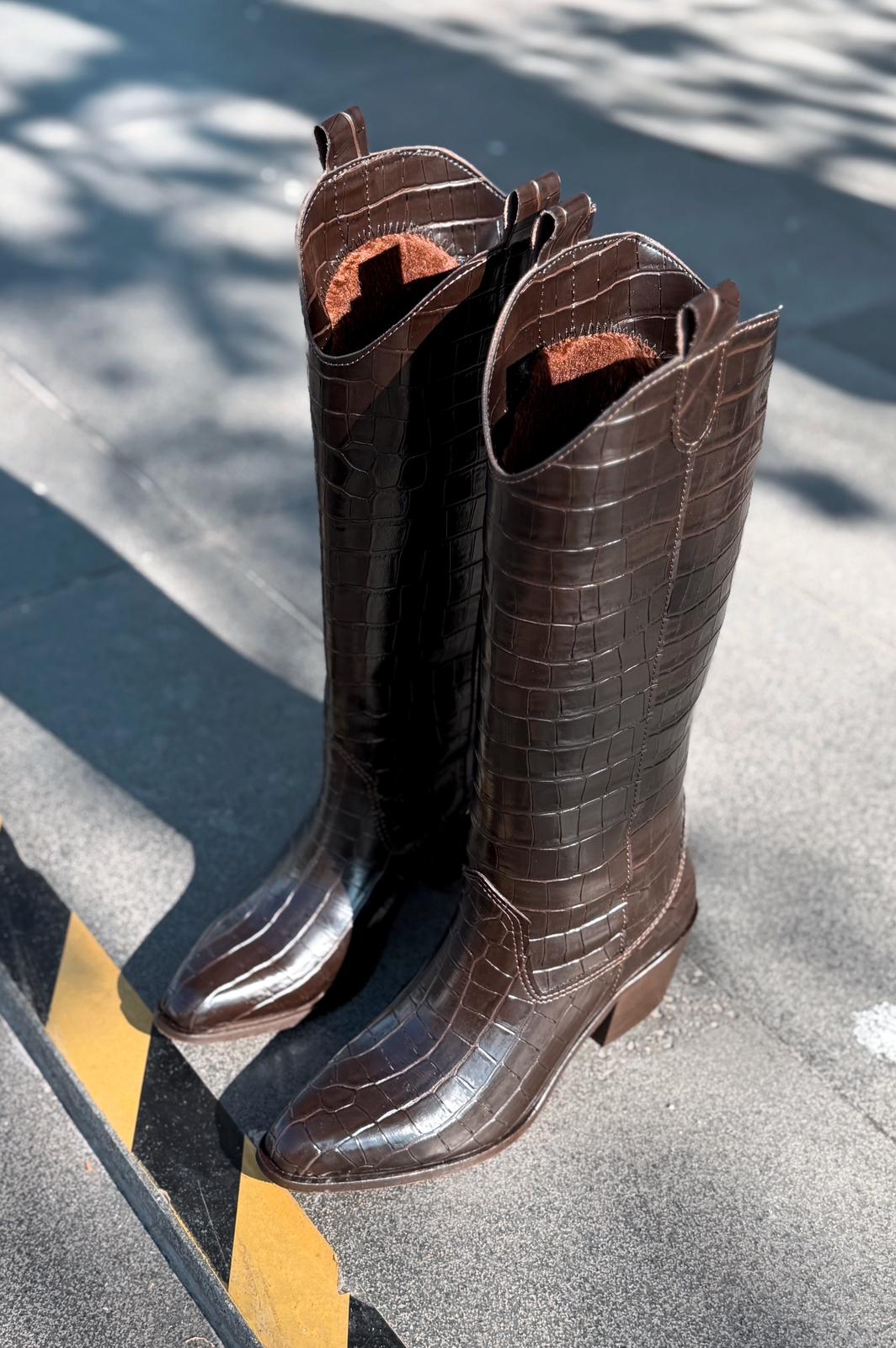 Rovina Kadın Kovboy Çizme Acıkahve Parlak Deri Desenli - ILOVESHOES