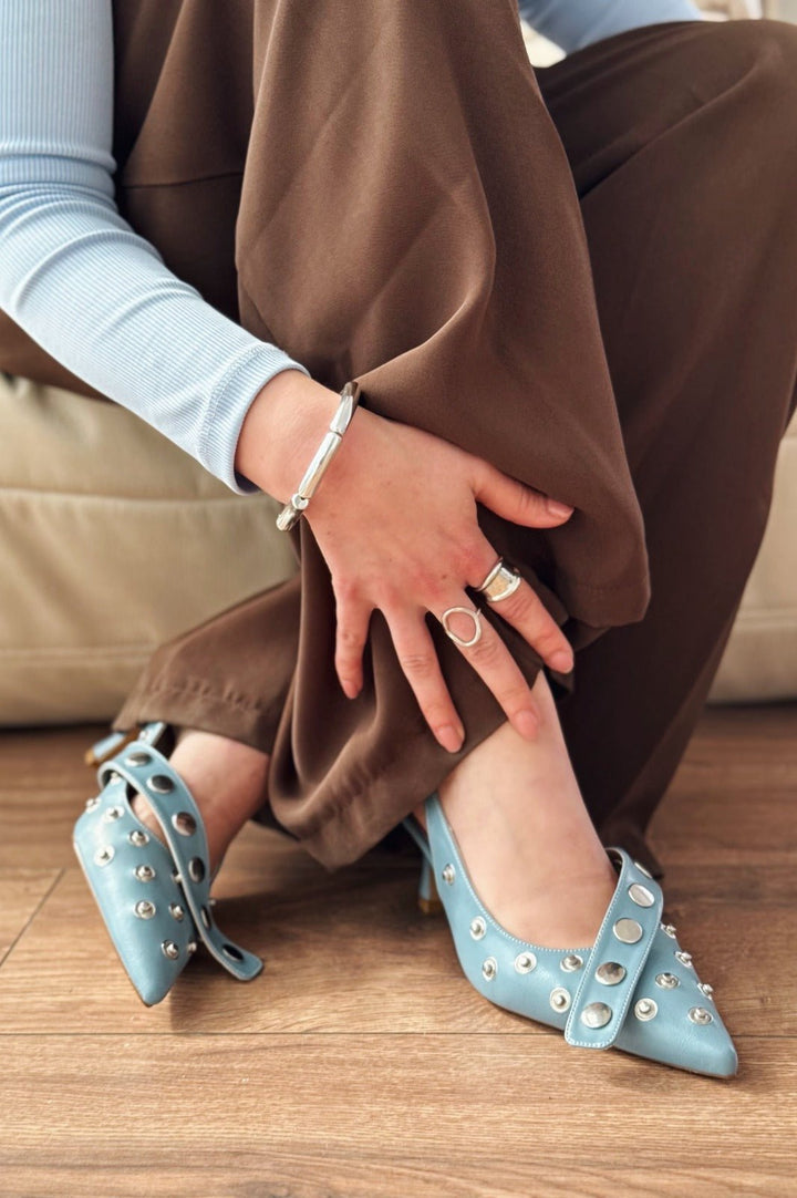 Selorin Mat Deri Zımba Detaylı Stiletto Bebek Mavi - ILOVESHOES