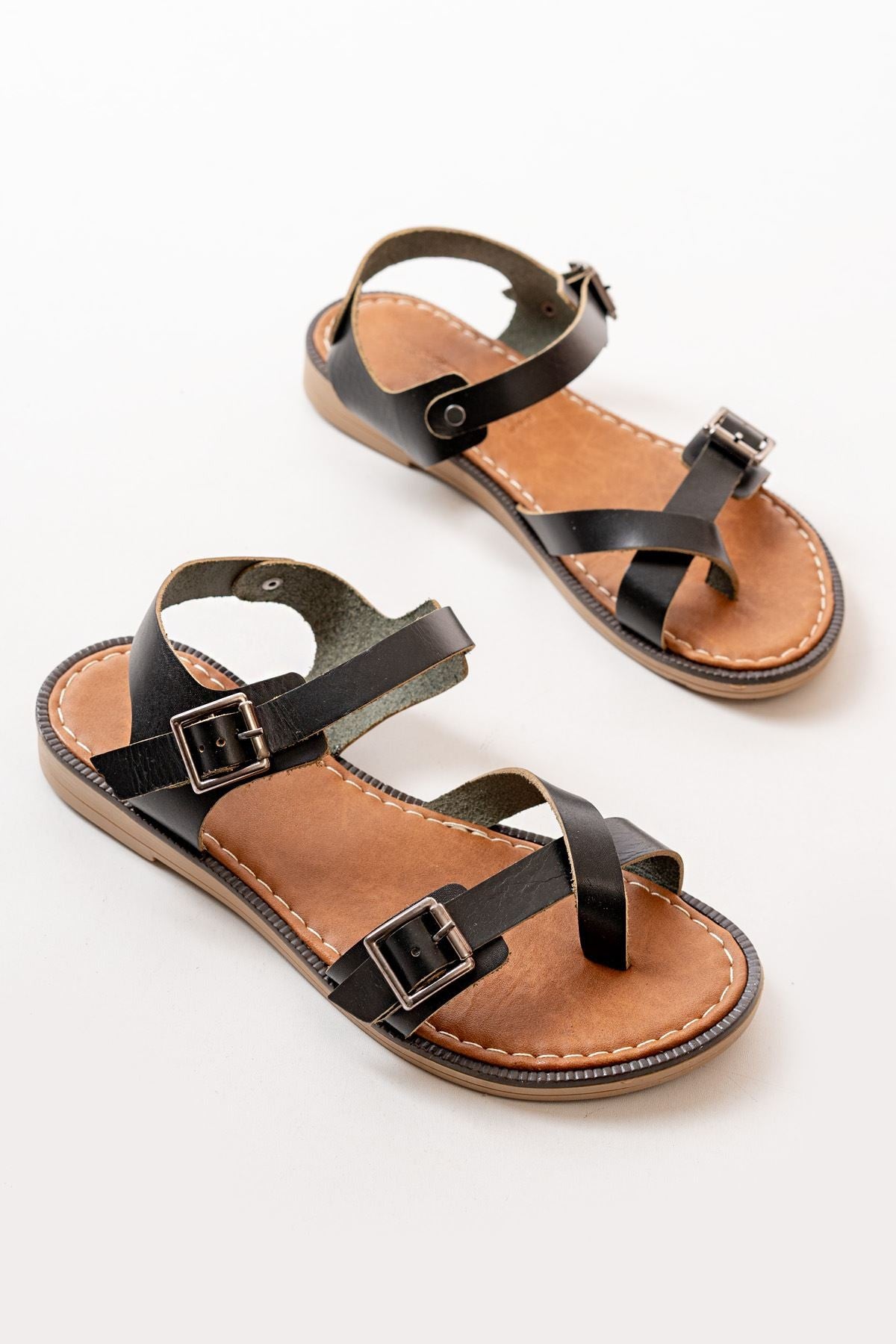 Passilya Hakiki Deri Siyah Kadın Sandalet - ILOVESHOES