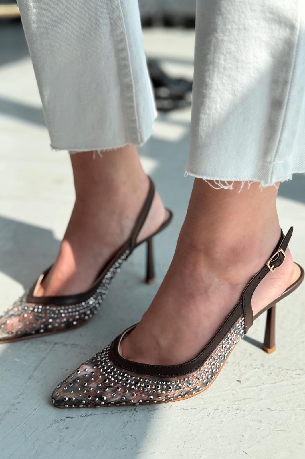 Clarwon Tül Taş Detaylı Stiletto Acıkahve
