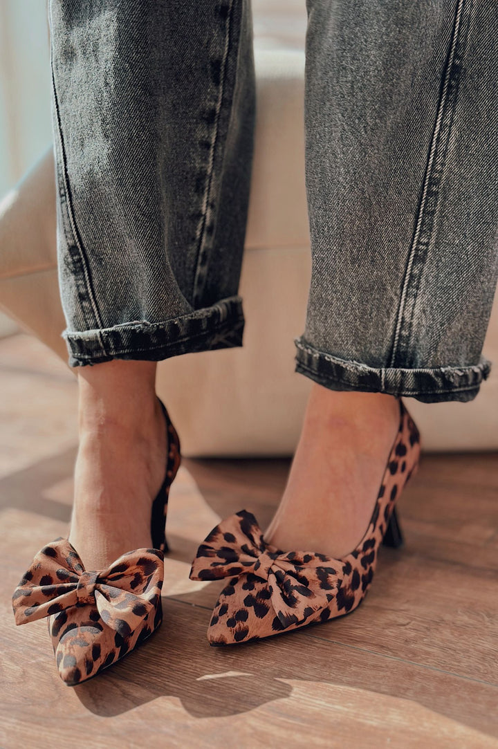 Rensav Saten Kurdele Detaylı Kadın Stiletto Leopar Desenli