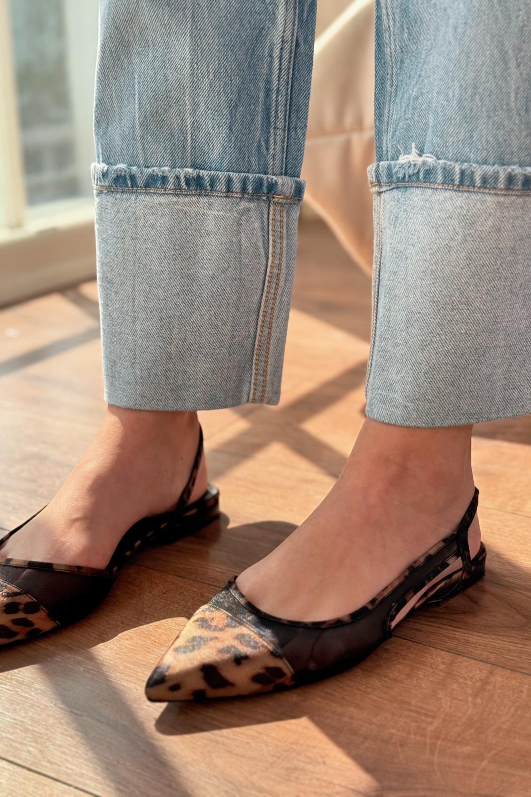 Wonels Saten Leo Desenli Tül Kadın Babet - ILOVESHOES