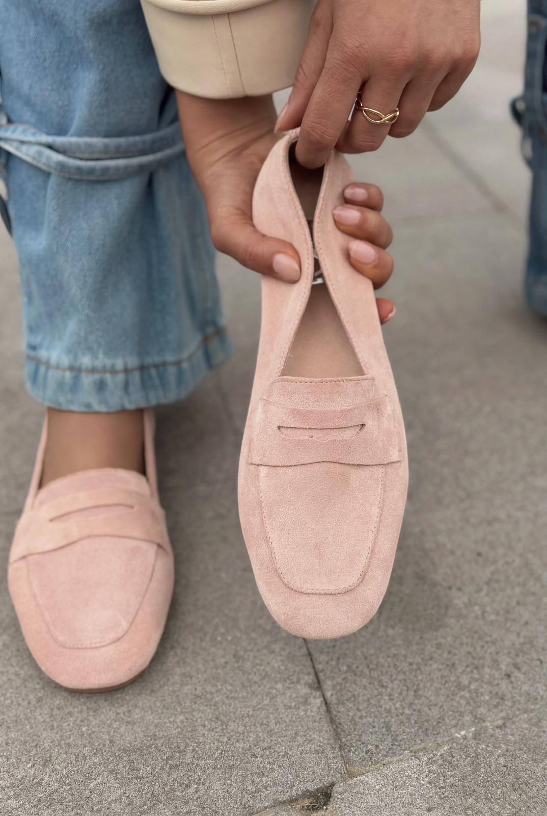 Melniel Hakiki Süet Kadın Loafer Pudra - ILOVESHOES
