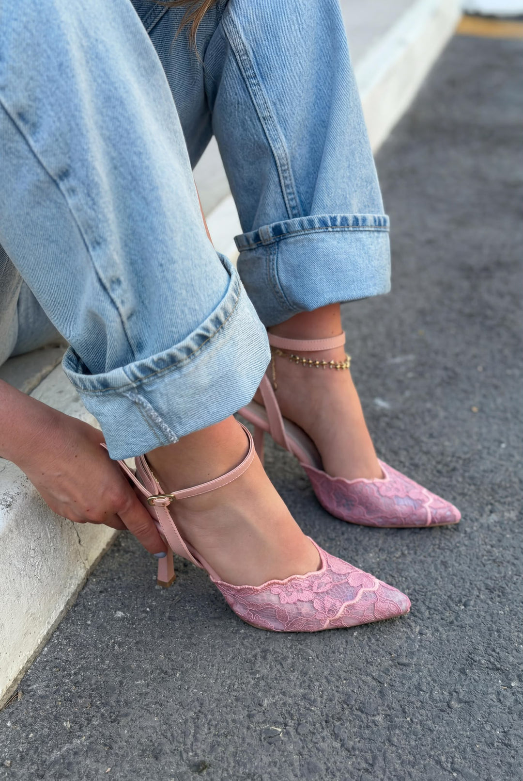 Moryna Pembe Dantel Kadın Stiletto
