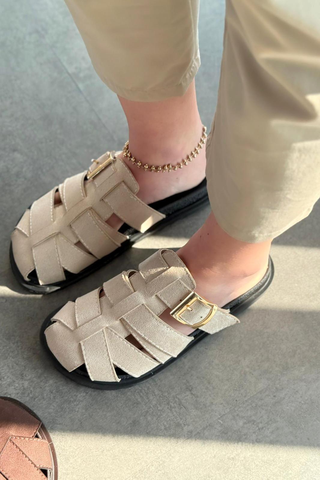 Polra Süet Bej Düz Kadın Terlik - ILOVESHOES