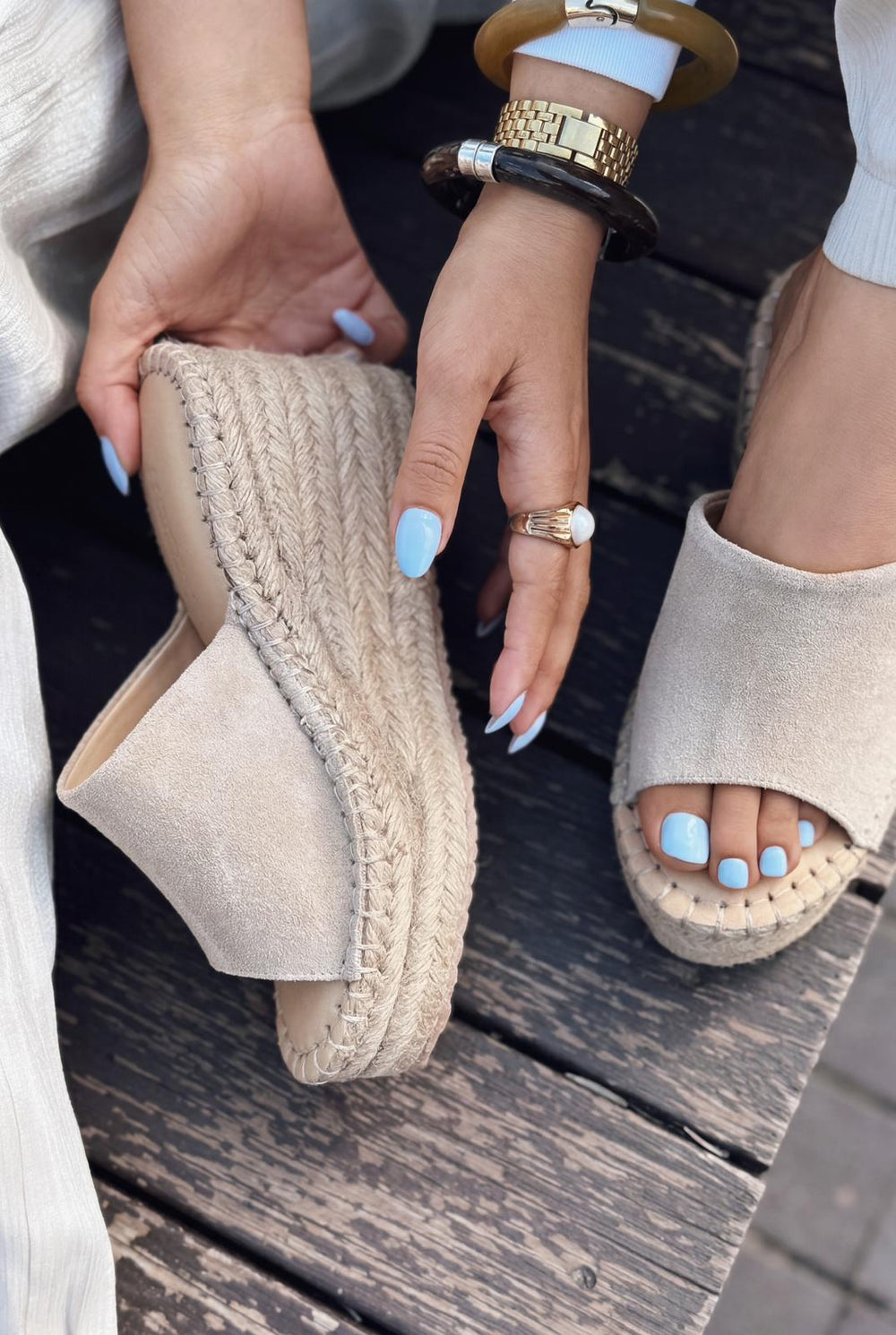 Lorver Bej Hakiki Süet Kadın Dolgu Topuklu Terlik - ILOVESHOES