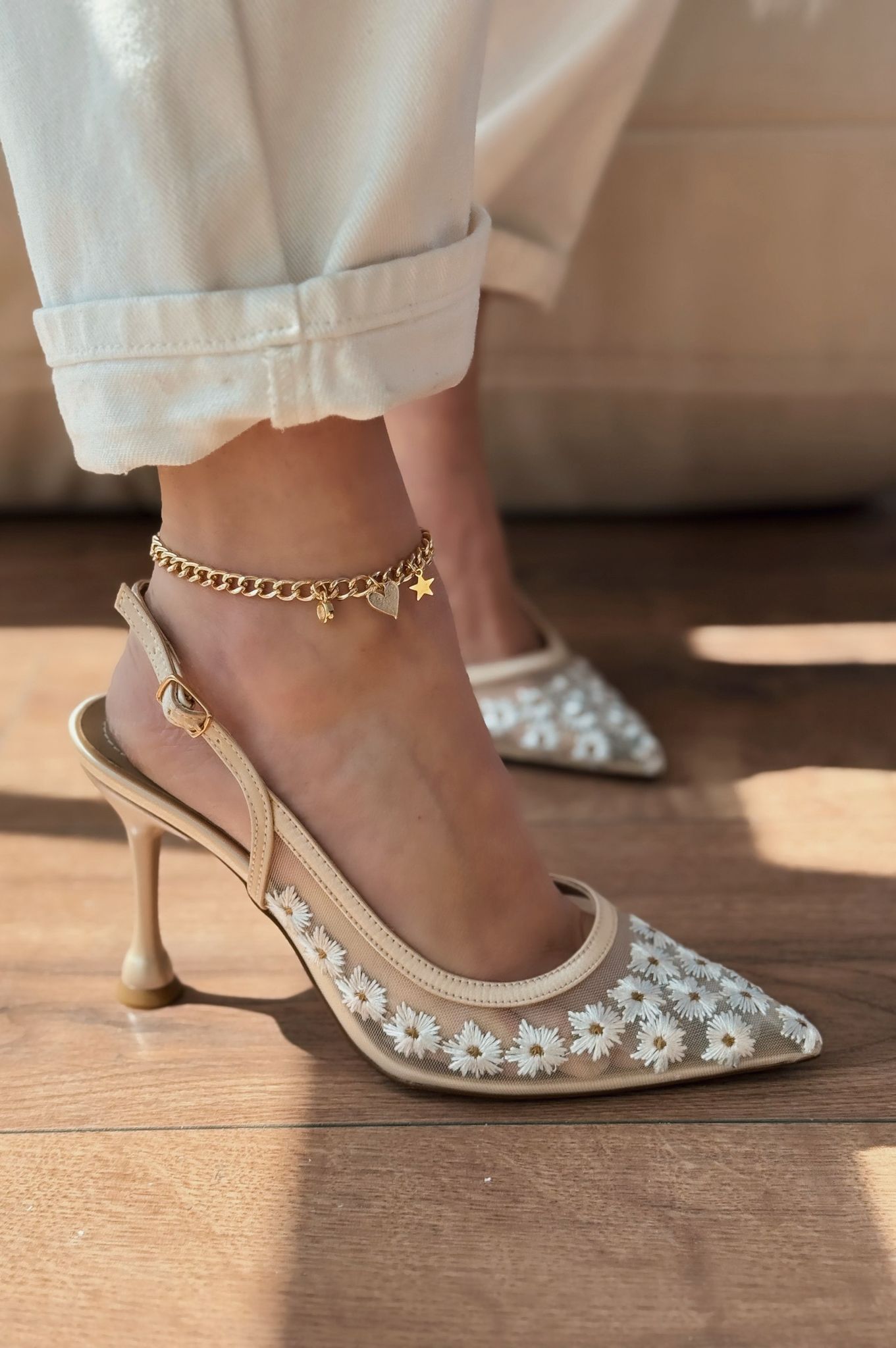 Dasewi Tül Bej Papatya Desenli Stiletto - ILOVESHOES